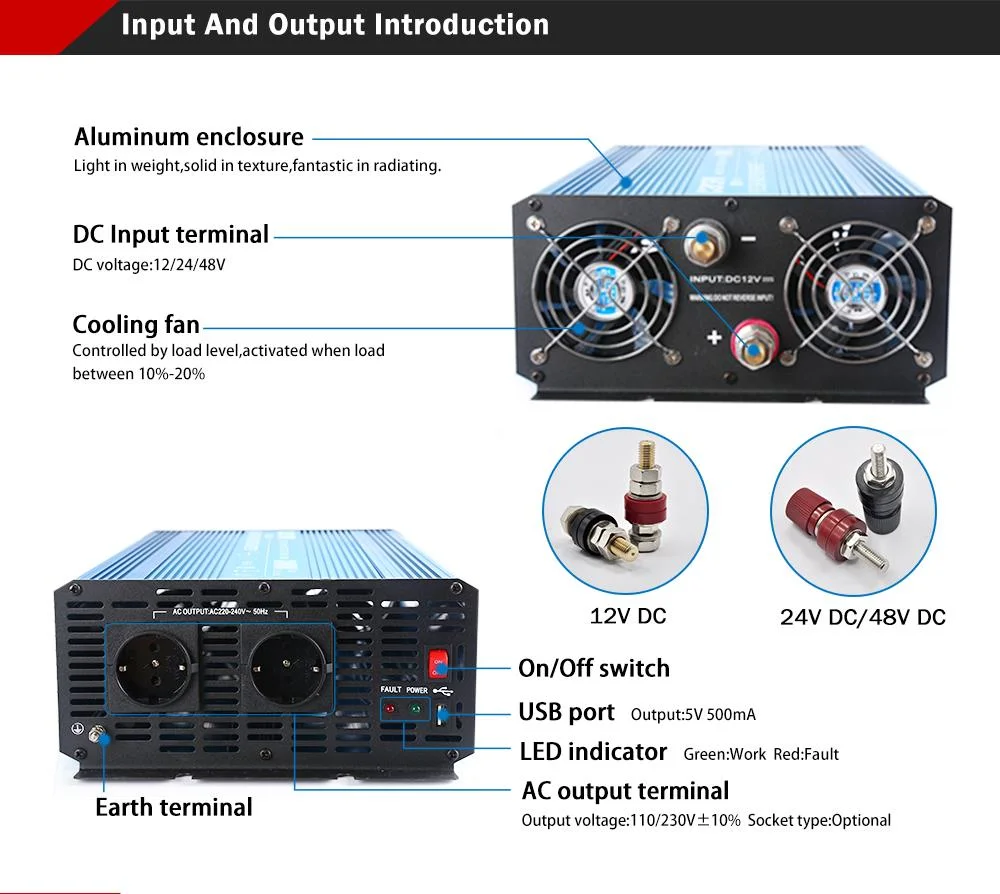 CARSPA 2000W Pure Sine Wave Inverter DC 12V/24V/48V to AC 110/230V off Grid Solar Power Inverter with CE, RoHS, E-mark Certificate